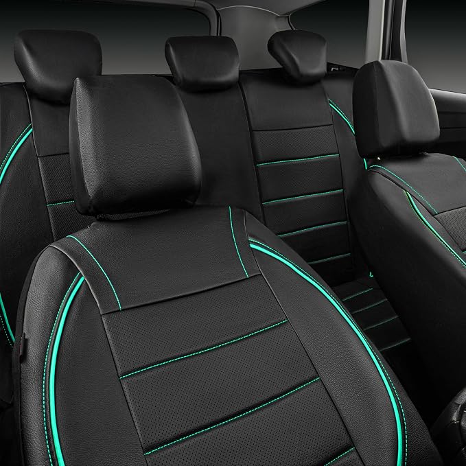 CAR PASS Universal FIT Piping Leather Car Seat Cover, for suvs,Van,Trucks,Airbag Compatible,Inside Zipper Design and Reserved Opening Holes (Full Set, Black and Mint) - Image 9