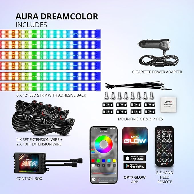 OPT7 Aura DreamColor Double Glow Interior Truck Lights with App & Remote | Ultra Bright Ambient Glow, Chasing Rainbow Effects, Extended Under Dash Lighting, 6PC RGBIC LED Strip, 12V Crew Cab Decor - Image 9