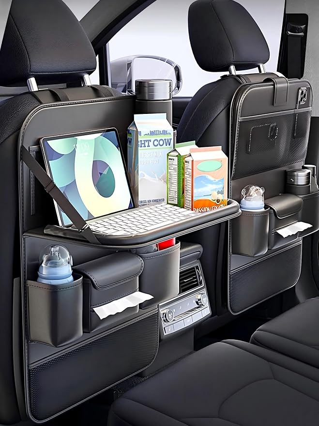 Car Backseat Organizer with Tray, Back of Car Seat Storage Caddy for Kids | Waterproof, Universal Fit | Sturdy Back Seat Organizer with Touch Screen for Tablet, Snacks, Drinks, Tissues... | 1 Black - Image 9