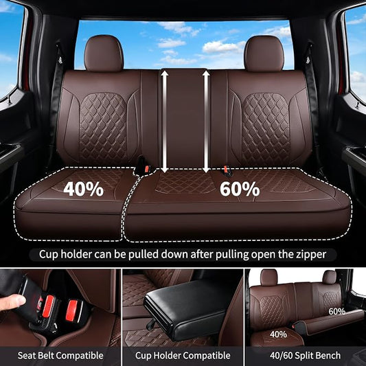 Huidasource F150 Coffee Rear Seat Covers, Leather Rear Bench Car Seat Cushion Cover Fit for 2015-2026 Ford F150 SuperCrew & 2017-2026 F250 F350 F450 Super Duty Crew Cab Pickup Truck - Image 2