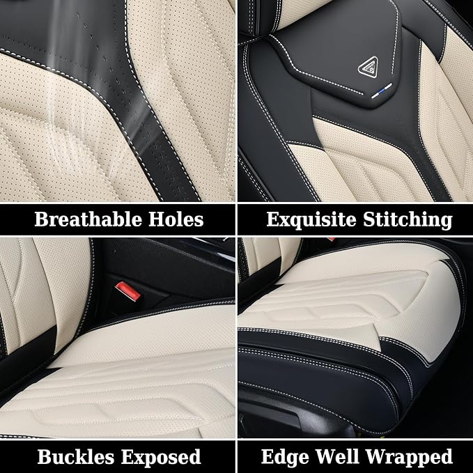 Coverado Front Seat Covers, Car Seat Covers Front Seats, Leather Seat Covers for Cars, Automotive Seat Covers Car Seat Protector Car Accessories Fit for Most Sedans SUV Pick-up Truck(Black&Beige) - Image 8
