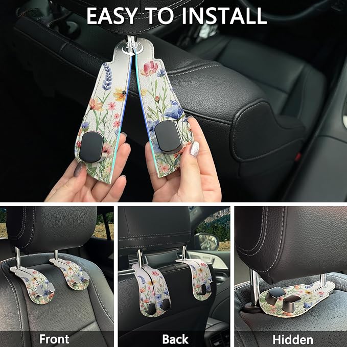 Blusabaca 2PCS Car Seat Headrest Hooks, Purses Bags Holder, Vibrant Floral | PU Leather, Double Metal Back Storage Hangers for Grocery Bags Handbags Bottles Coats Phones, Car Accessories Organization - Image 6