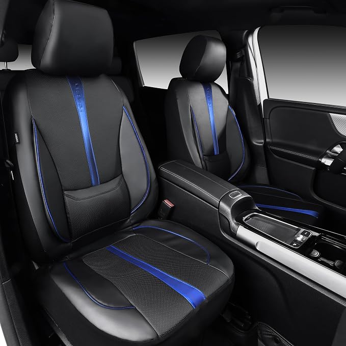 CAR PASS Nappa Leather Two Front Car Seat Covers, Water Resistant Faux PU Leather Seat Covers, 3D Foam Support Automotive Seat Covers Comfortable & Durable Universal Fit for Cars SUV Truck, Black Blue - Image 7