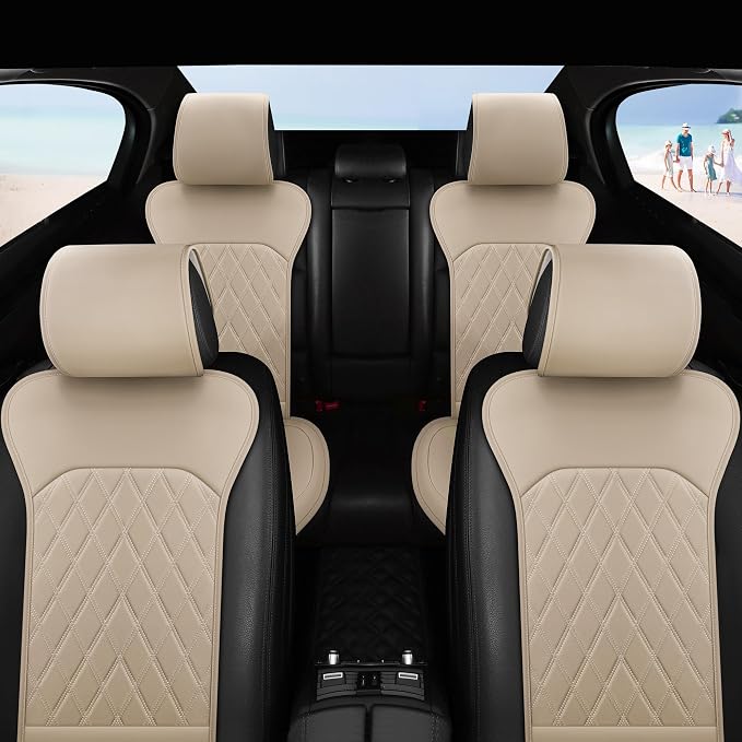 Front Car Seat Covers - Leather Seat Covers with Storage Pocket and Two Belt Pads, Anti-Slip Waterproof Universal Seat Covers for Cars Fit Cars Trucks SUV(Beige,2 Pack) - Image 9