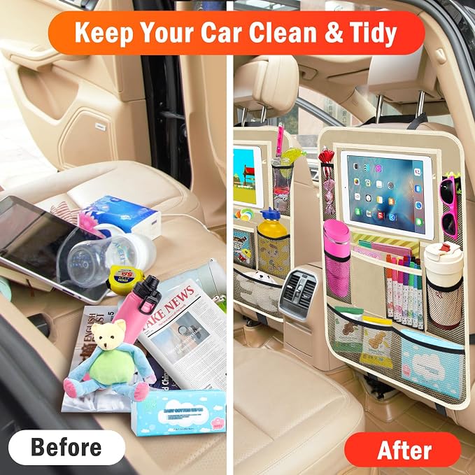 Car Backseat Organizer ,2 Pack Car Organizer Back Seat with 11" Tablet Holder, 10 Storage Pockets Seat Back Protectors Kick Mats for Kids Toddlers, Travel Accessories (Beige) - Image 8