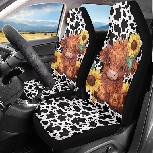 Cute Sunflower Highland Cow Front Seat Covers for Cars Bucket Seat Covers Black Cow Spots Decorative Automotive Seat Cushion Protectors Covers Automotive Accessories Interior Decoration - Image 2