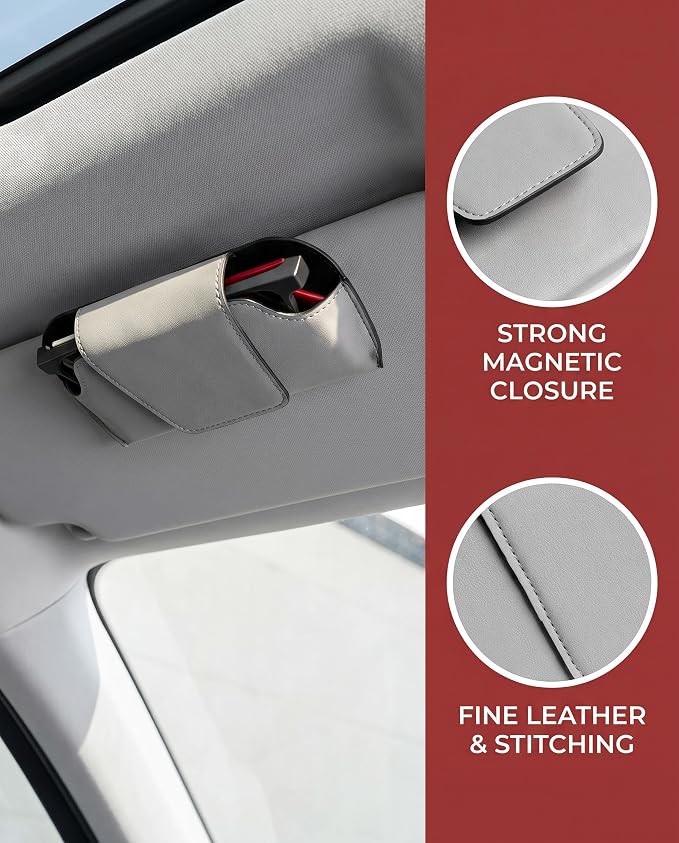 Car Visor Sunglass Holder, Magnetic Leather Glasses Case Clip, Gray | 1-hand access stops lens scratches clip installs fast 7x3.5" won't block view Fits all car visors & most eyewear - Image 6