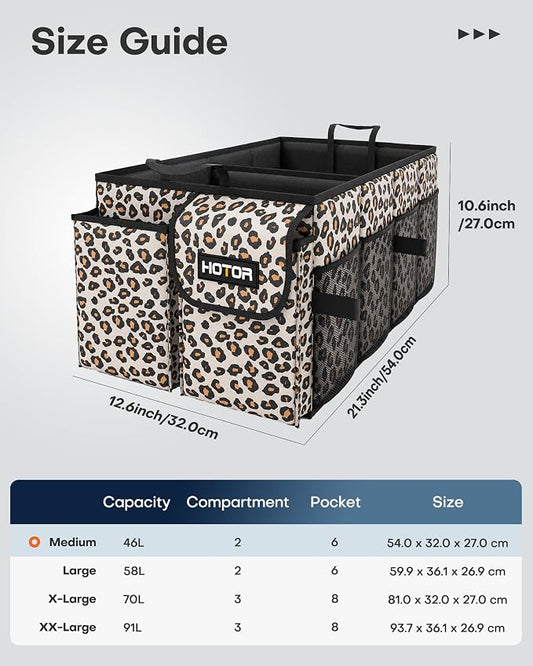 HOTOR Trunk Organizer - Foldable Car Organizer for SUVs & Sedans Storage | Sturdy Car Organization for Men & Women, Car Accessories, Tools, Brown Leopard, 2 Compartments, 21.3" x 12.6" x 10.6" - Image 2