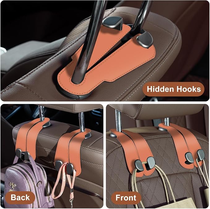 CoBak Purse Hook for Car - Universal Premium Stitched Leather and Aluminum-Magnesium Alloy Double Car Seat Back Storage Hook for Purses, Handbags, Bags (2 Pack),Coral Orange - Image 6