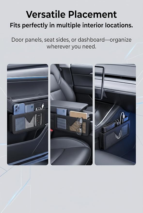 Car Seat Side Organizer, PU Leather Mesh Pocket for Phone, Black | Adhesive Backing for Console Gaps, Elastic Grid Pouch for Sunglasses and Cards, Fits Most Vehicles - Image 7