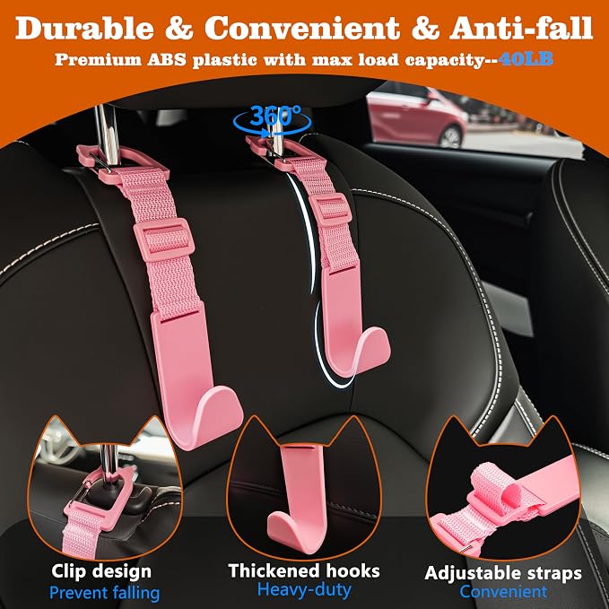 Amooca Anti-drop Car Headrest Hooks 4 Pack Seat Organizer for Bags | Universal Fit Cars SUV Truck, Adjustable, Holds Backpack Water Bottle Handbags Groceries, 40lb Heavy Duty, Clip Design - Image 6
