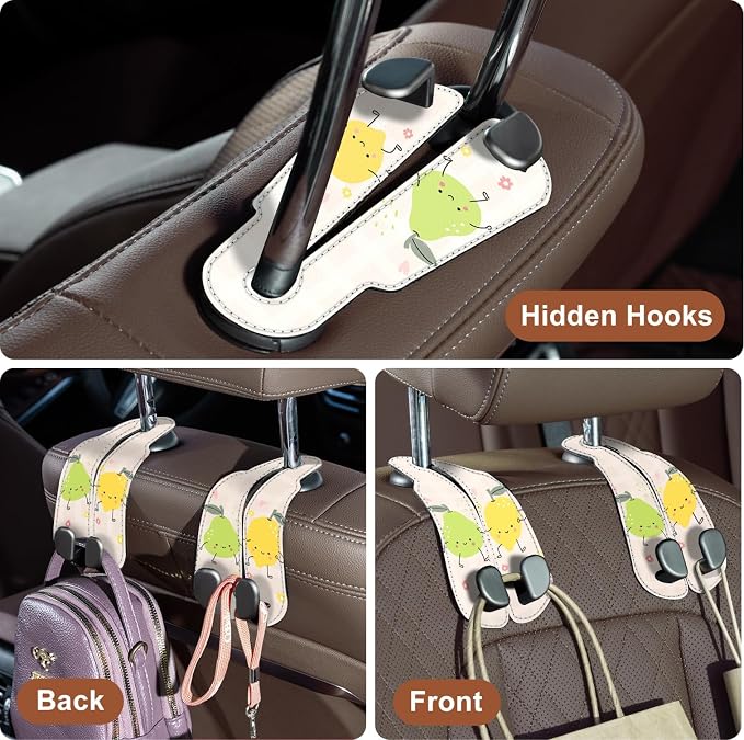 CoBak Purse Hook for Car - Universal Premium Stitched Leather and Aluminum-Magnesium Alloy Double Car Seat Back Storage Hook for Purses, Handbags, Bags (2 Pack),Fruit Play - Image 6
