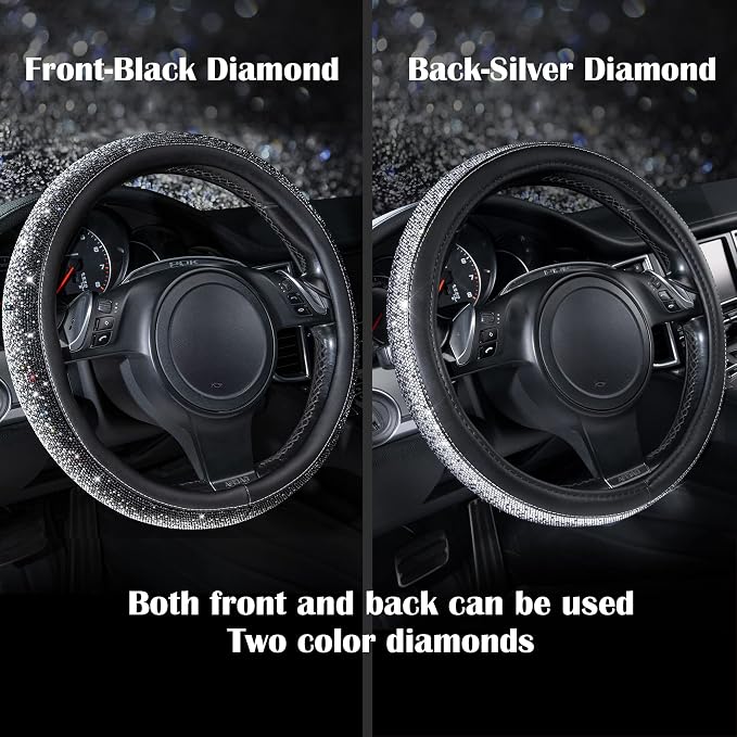 CAR PASS Bling Diamond Leather Steering Wheel Cover, Bling Sparkly Crystal Glitter Rhinestones Universal Fit 14" 1/2-15" Car Wheel Protector for Women Girl Fit Suvs,Vans,Sedans,Trucks, Black Silver - Image 6