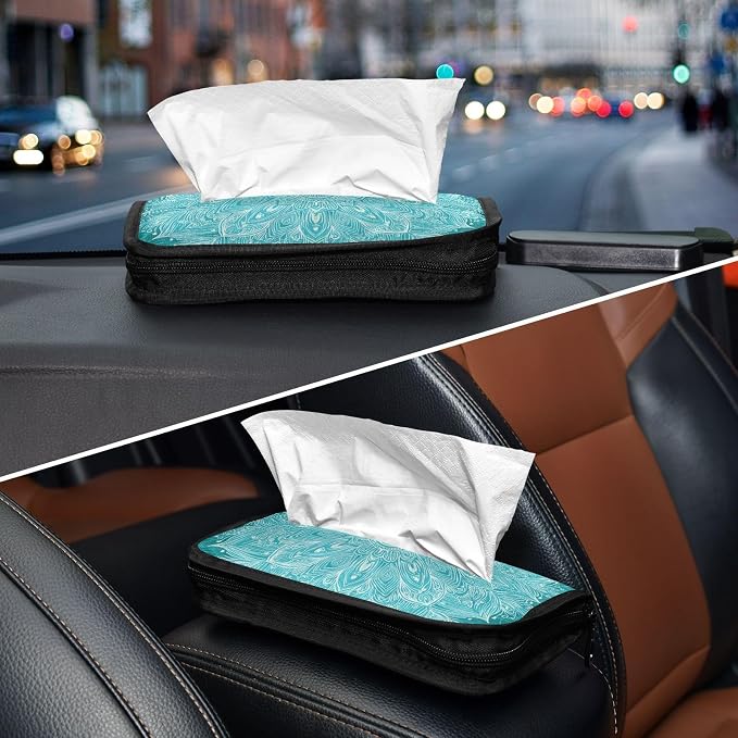 Car Tissue Holder Car Napkin Holder Tissue Box Dispenser Storage Case Sun Visor Mask Holder Accessories with Adjustable Straps Reusable Refillable Vintage Turquoise Mandala - Image 8