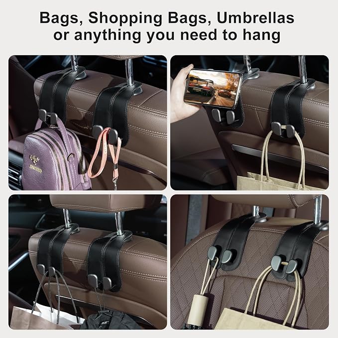 CoBak Purse Hook for Car - Universal Premium Stitched Leather and Aluminum-Magnesium Alloy Double Car Seat Back Storage Hook for Purses, Handbags, Bags (4 Pack),Black - Image 6