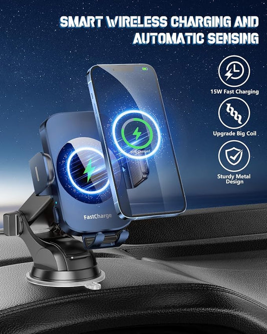 3-in-1 Wireless Car Charger Mount, 15W Fast Charging Auto-Clamping Phone Holder for iPhone 17 16 15 14, Samsung Galaxy S24 S23, Dashboard, Vent & Windshield Car Mount(Deep Blue) - Image 2