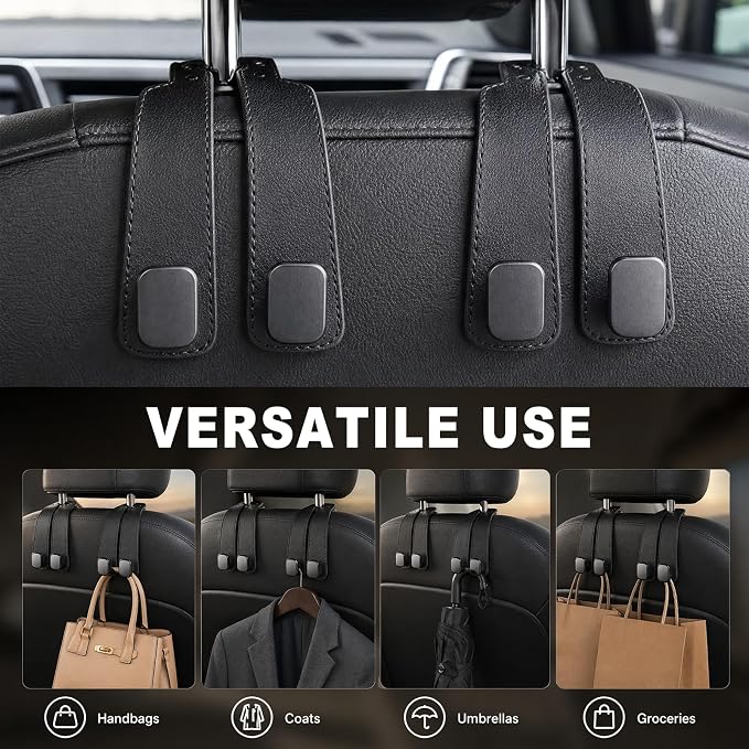 Headrest Hooks for Car 2 Pack, Upgraded Double Metal Hooks with Leather Cover, Car Seat Back Storage Organizer with Anti-Drop Design, for Purses, Handbags, Coats, Groceries (style1) - Image 6