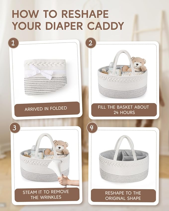 Maliton Baby Diaper Caddy Organizer, Cotton Rope Diaper Caddy Basket, Large Storage Basket for Newborn Boys and Girls, Gift for Baby Shower List, Newborn Essentials | 100% Cotton Rope Baby Caddy, Soft Yet Structured, Nursery, Car & Camping Use, Keeps B... - Image 8