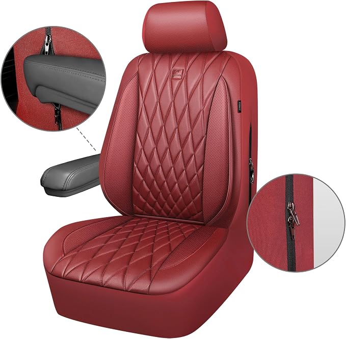 CAR PASS Piping Luxury Faux PU Leather Two Front Car Seat Covers, Waterproof Anti Slip Premium Automotive Seat Covers,Universal Fit for Suvs,Vans,Trucks, Armrest Airbag Compatible, Burgundy Red - Image 7
