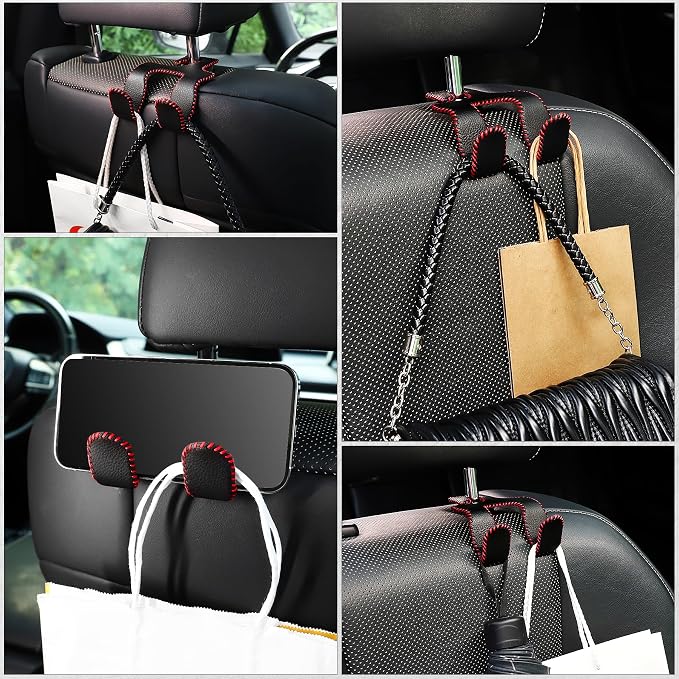 LivTee Upgraded Superior Leather Car Seat Back Headrest Hook, 2 in 1 Auto Seat Hook Hangers Holder Organization Interior Accessories for Purses Coats Umbrellas Grocery Bags Handbag (Black/Red) - Image 6