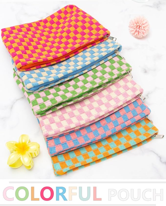 Checkered Makeup Bag for Purse, Small Flat Cosmetic Pouch,Blue Beige | Cute Zipper Makeup Organizer for Women, Travel Essentials, Toiletries, Makeup Brushes, Beauty Accessories&Bridesmaid Gifts - Image 5