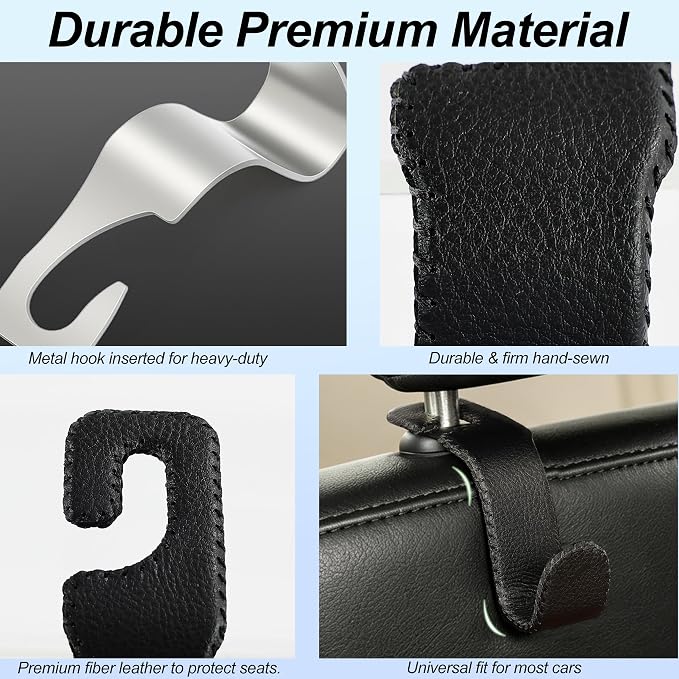 Car Headrest Hooks, Universal Car Seat Back Organizer Hanger, Premium Leather & Metal Construction, Multipurpose for Handbag, Purse, Coat, Ergonomic Design, 2 Pack Black - Image 6
