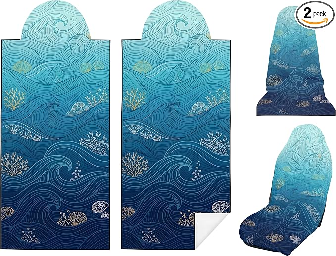 2 Pack Car Seat Towel Covers, Sweat-Proof Microfiber Seat Protectors for Gym, Running, Beach & Workout, Breathable Quick-Dry, Machine Washable, Blue Ocean Wave Print, Universal Fit by Semtomn