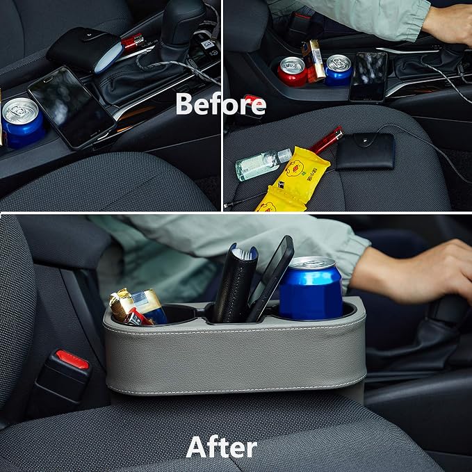 IOKONE Car Cup Holder, Front Seat Console Side Organizer, Gray | PU Leather Cover, Dual Cup Holders, Phone and Coin Storage, Side Pocket Storage, Universal Fit, Easy Installation - Image 9