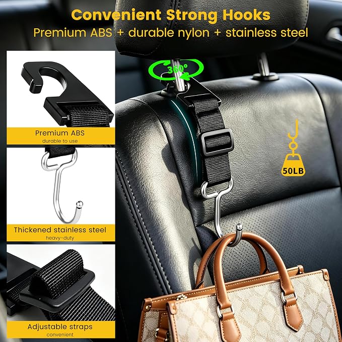 Amooca 4 Pack Car Headrest Hooks, Adjustable Heavy Duty Metal Back Seat Hanger, Auto Purse Bag Holder for Vehicle Headrest - Image 6