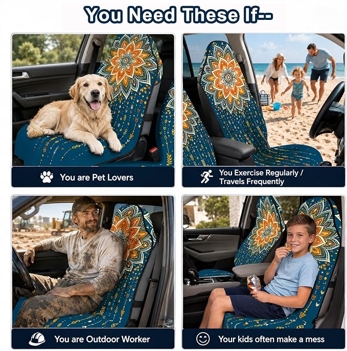 Car Seat Towel Cover 2 Pack for Front Seats, Sweat Absorbent Car Seat Protector with Non-Slip Backing, Waterproof Towel Car Seat Covers for Runners, Gym, Swimming, Beach, Pets, Boho Mandala - Image 9