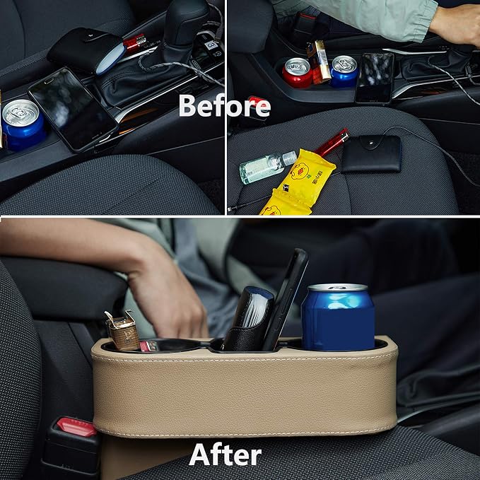 IOKONE Cup Holder for Car, Console Side Pocket, PU Leather Cover, Beige | Car Seat Gap Filler Organizer, Front Seat Organizer, Drink Holder for Car, Cell Mobile Phone Holder, Car Coin Holder - Image 9