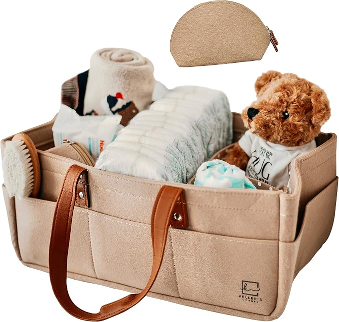 Keller's Corner Baby Diaper Caddy Organizer Beige Large & Small Pouch/Portable Holder Bag for Changing Table & Car/Nursery Storage Bin/Newborn Essentials Must Have - Image 9