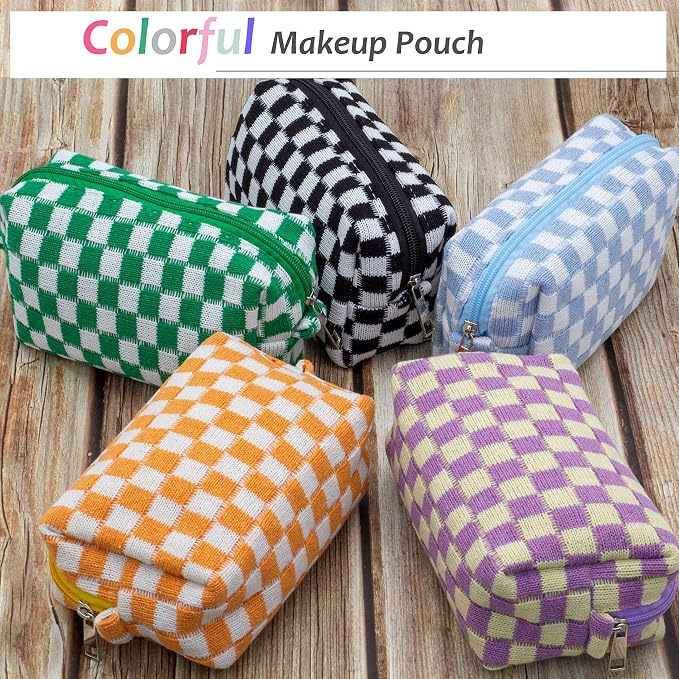 PAZIMIIK Checkered Makeup Bag for Purse Portable Zipper Make Up Pouch Small Cosmetic Case for Travel Accessories (Orange) | Cute Zipper Makeup Organizer for Women, Travel Essentials, Toiletries, Makeup Brushes, Beauty Accessories&Bridesmaid Gifts - Image 5