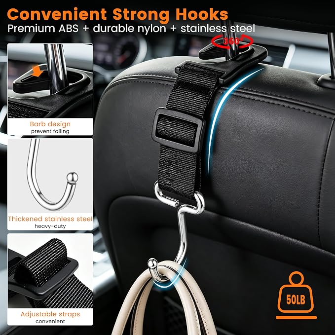 Amooca 4 Pack Car Headrest Hooks, Adjustable Heavy Duty Metal Back Seat Hanger, Auto Purse Bag Holder for Vehicle Headrest - Image 6