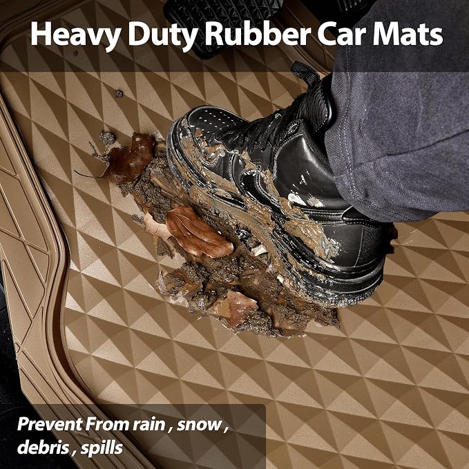 CAR PASS Heavy Duty Rubber Beige Car Floor Mats & Cargo Liners, Deep Dish All-Weather Trunk Mats Durable Anti-Slip 3D Rhombus Waterproof Trim to Fit Liner Universal Fit Auto,Sedan,SUV,Truck, Beige - Image 9
