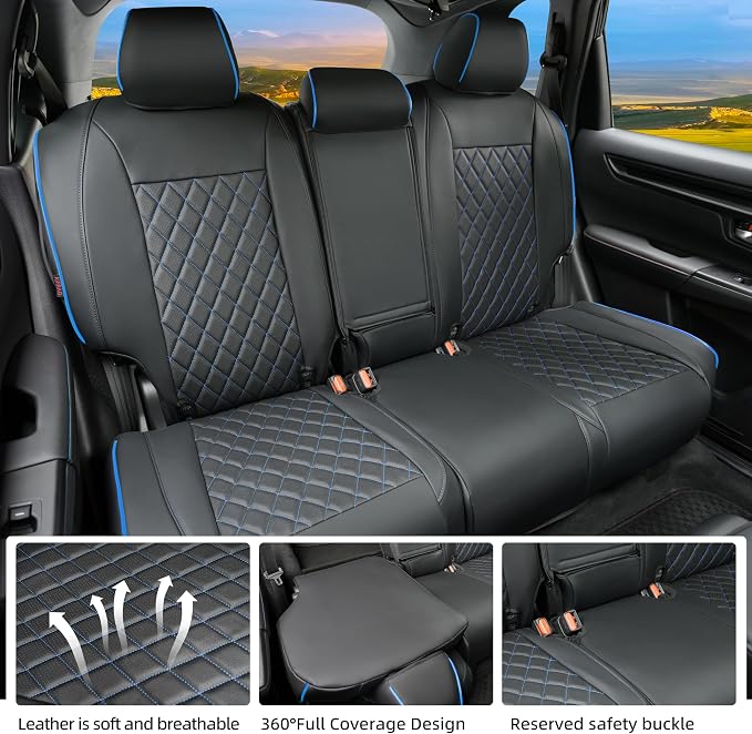 Lolcar CRV Seat Covers Custom Fit for Honda CRV 2023 2024 2025 2026 Leather Car Seat Cover Full Set for Trucks SUV,Waterproof Car Seat Cushion,Faux Leather (Black Blue Grid) - Image 9
