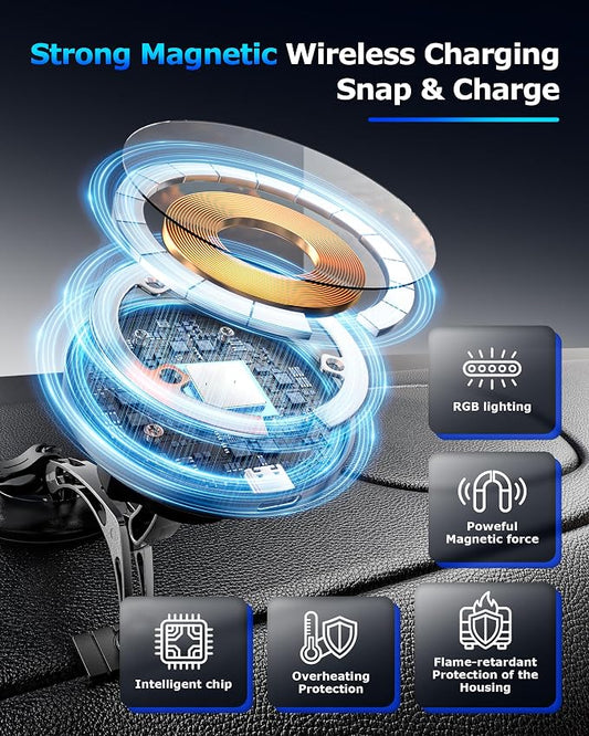 ZBF Magnetic Wireless Charging Car Phone Holder with 15W Fast Charging & Strong Vacuum Suction, 360° Rotatable Dashboard & Windshield Mount for Magsafe iPhone 17/16/15/14/13 Android Galaxy S24/S23/S22 - Image 2