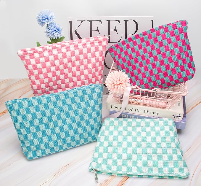Checkered Makeup Bag for Purse, Small Flat Cosmetic Pouch,Lake Blue | Cute Zipper Makeup Organizer for Women, Travel Essentials, Toiletries, Makeup Brushes, Beauty Accessories&Bridesmaid Gifts - Image 7