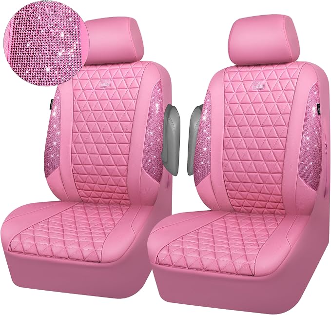 CAR PASS Bling Diamond Pink Leather Car Seat Covers for 2 Front Seats Protector, Waterproof Shining Glitter Sparkly Crystal Universal Armrest Fit Automotive Truck SUV Cute Women Girl, Pink Rhinestone - Image 8
