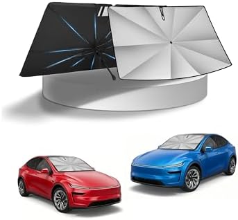 KUST Windshield Sun Shade Umbrella for 【2017-2026 Tesla Model Y/Juniper/Model 3/ Highland】 | Ice Crystal Windshield Sunshade for Tesla | Foldable Sunshade with Bendable Handle | Blocks Heat & UV Rays by KUST