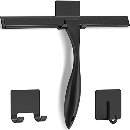 All-Purpose Stainless Steel Shower Squeegee for Shower Doors with 2 Adhesive Hooks, Bathroom Cleaner Tool Household Window Mirror Squeegee for Home Cleaning, Glass Door, Tile Wall, Car, 12 Inch Black by DOCROK