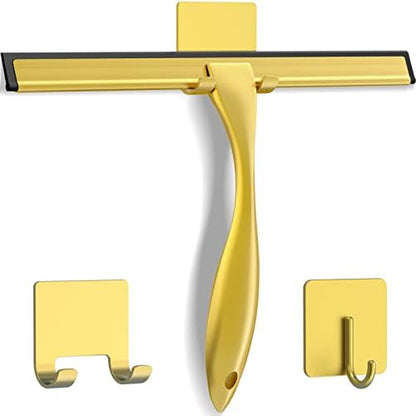 All-Purpose Stainless Steel Shower Squeegee for Shower Doors with 2 Adhesive Hooks, Bathroom Cleaner Tool Household Window Mirror Squeegee for Home Cleaning, Glass Door, Tile Wall, Car, 12 Inch Golden by DOCROK