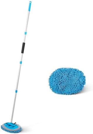 Amazon Basics Car Wash Brush with Long Handle, Scratch-Free Microfiber Mop Mitt, Swivel Head, Detachable Head, Extends to 62 inches with 4 Poles, for Car RV Truck, Blue by AmazonBasics
