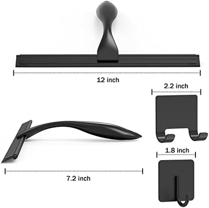 All-Purpose Stainless Steel Shower Squeegee for Shower Doors with 2 Adhesive Hooks, Bathroom Cleaner Tool Household Window Mirror Squeegee for Home Cleaning, Glass Door, Tile Wall, Car, 12 Inch Black - Image 2