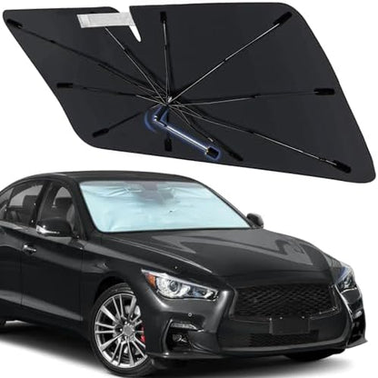 Windshield Sun Shade Umbrella for Infiniti Q50 2014-2024, Foldable Front Window Sunshade with 360° Rotating Shaft, Custom Fit Car Shades for Q50 Accessories with UV & Heat Protection by Visufy