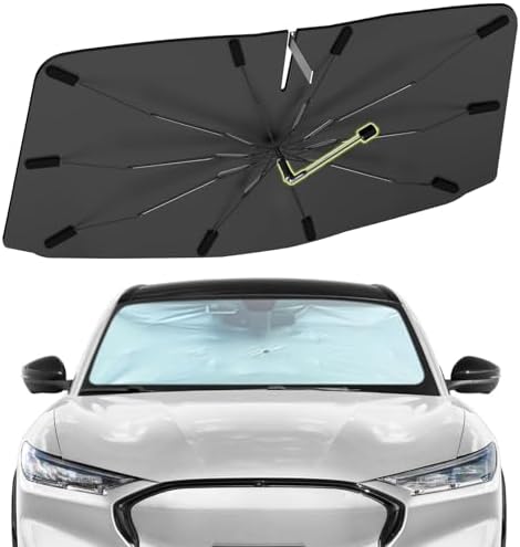 Windshield Sun Shade Umbrella for Ford Mustang Mach-E 2021-2026, Foldable Front Window Sunshade with 360° Rotating Shaft, Custom Fit Car Shades for Mustang Mach-E Accessories with UV & Heat Protection by Visufy