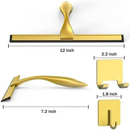 All-Purpose Stainless Steel Shower Squeegee for Shower Doors with 2 Adhesive Hooks, Bathroom Cleaner Tool Household Window Mirror Squeegee for Home Cleaning, Glass Door, Tile Wall, Car, 12 Inch Golden - Image 2