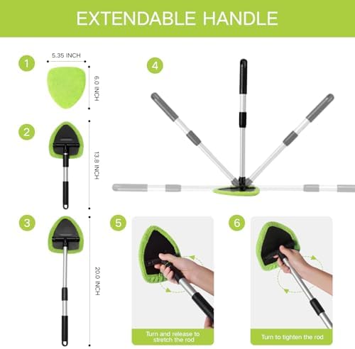 Qydipclin 11pcs Windshield Cleaner Tool, Car Window Cleaning Wash Kit with 6 Reusable Microfiber Pads 2 Spray Bottles and Extendable Handles Auto Glass Wiper Kit, Green - Image 4