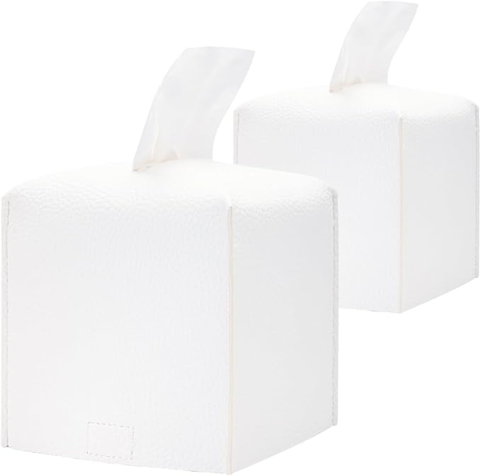 HOMOTEK 2 Pack Tissue Box Cover, Square PU Leather Tissue Holder, Decorative Facial Tissue Cube Paper Organizer Dispenser for Bathroom, Night Stands, Desk, Car 5X5X5'' - White, Pebble Grain by HOMOTEK