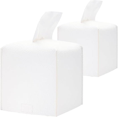 HOMOTEK 2 Pack Tissue Box Cover, Square PU Leather Tissue Holder, Decorative Facial Tissue Cube Paper Organizer Dispenser for Bathroom, Night Stands, Desk, Car 5X5X5'' - White, Pebble Grain by HOMOTEK